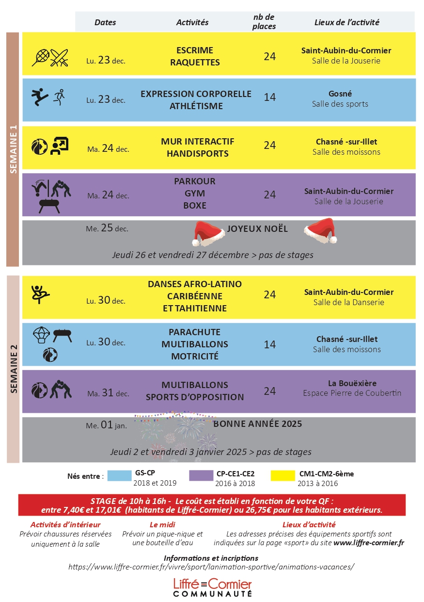 programme stage sportifs pour les vacances de Noël 2024